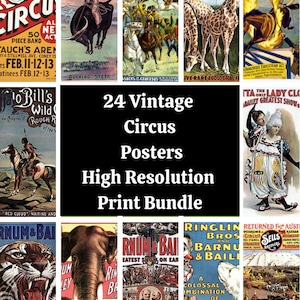 May include: A collage of 24 vintage circus posters featuring colorful illustrations of animals, performers, and text. The posters are in a variety of styles and feature a range of circus acts, including wild west shows, animal acts, and human performers. The posters are all in high resolution and are perfect for printing.