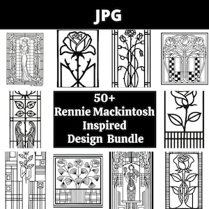 Puede incluir: Una colección de diseños en blanco y negro inspirados en Rennie Mackintosh. Los diseños incluyen motivos florales, patrones geométricos y figuras estilizadas. El texto "50+ Rennie Mackintosh Inspired Design Bundle" se muestra.