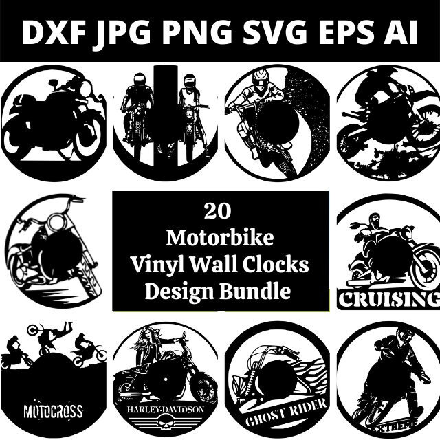 DXF SVG PNG Laser Machine Design Bundle 20 X Motorbike Vinyl Clock ...