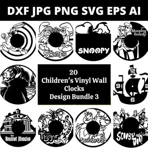May include: A set of 20 black and white vinyl wall clock designs featuring popular cartoon characters like Smurfs, Snoopy, Sleeping Beauty, and Scooby Doo. The designs are perfect for children's rooms and include a variety of themes.