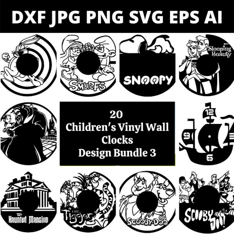 May include: A set of 20 black and white vinyl wall clock designs featuring popular cartoon characters like Smurfs, Snoopy, Sleeping Beauty, and Scooby Doo. The designs are perfect for children's rooms and include a variety of themes.