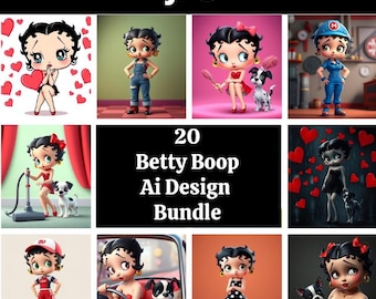 May include: A collection of 20 Betty Boop AI designs. The images feature Betty Boop in various poses and settings, including holding a heart, wearing overalls, and driving a car. The text "JPG" is in the top left corner.