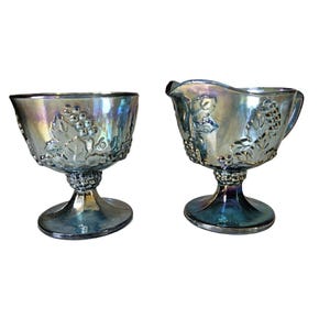 Indiana Ernte Trauben Blau Karneval Gläser Set von Zucker und Milchkännchen Vintage