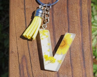 Resin Letter Keychain Real Flowers White Background