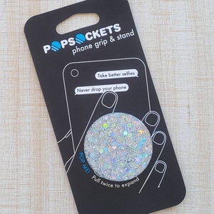 Platinum Silver Holographic Glitter Phone Grip | Badge Reel Resin