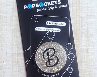 Initial Silver Sparkle Glitter Phone Grip | Badge Reel Resin