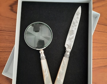 Upcycled vintage desk set with magnifying glass & silver plated opener, mother of pearl handles, perfect gift for retirement or home office