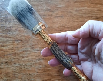 Shaving Brush with Horn Handle and Gold Plated Trim (B), Great Gift Ideas for Men who like Bling, Natural Badger Knot