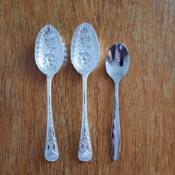 Pair of Vintage Re Silvered Preserve Serving Spoons, Newly Re