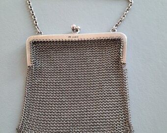 Small Antique Sterling Silver Mesh Purse, Hallmarked 925 Continental Silver Coin, Vintage Evening Bag