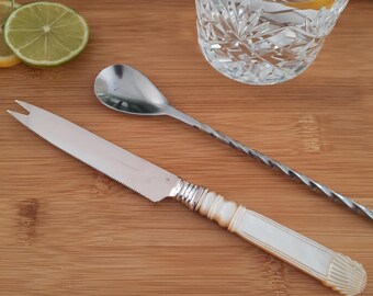 Silver Plated Bar Cocktail making Accessory, Boxed gift, Upcycled Carved Mother of Pearl Handle, Garnish Server, Gift for Cocktail Lover