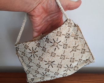 Antique beaded handbag with wrist strap, cream beaded evening bag, vintage theatre purse, vintage wedding beaded bag, boho wedding bag