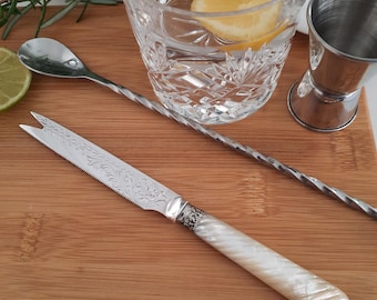 Silver Plated Bar Cocktail making Accessory, Boxed gift, Upcycled Carved Mother of Pearl Handle, Garnish Server, Present for Cocktail Lover