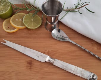 Silver Plated Bar Cocktail making Accessor, Upcycled Carved Mother of Pearl Handle, Garnish Server, Present  for Cocktail Lover, Gin lover