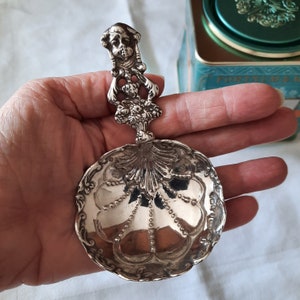 Silver Tea Caddy Scoop, Repousse silver bon bon or candy scoop, antique silver tea scoop, Spoon for Tea Connoisseur, Tea Lover Gift