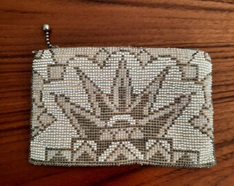 Antique beaded Deco geometric design purse, vintage beaded finger purse, cream 1930's evening theatre purse, vintage wedding purse