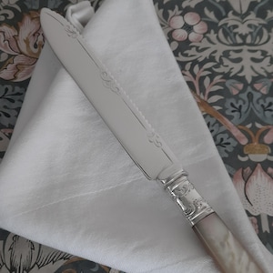 May include: A silver butter knife with a decorative handle and a serrated edge, resting on a folded white linen napkin. The handle has a mother-of-pearl finish. The background features a floral patterned fabric.