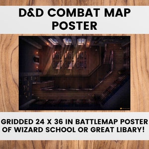 May include: A 24 x 36 inch gridded battle map poster depicting a wizard school or great library. The poster features a top-down view of a large room with wooden floors, bookshelves, and a staircase. Sunlight streams through windows, casting long shadows across the room.