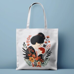 Mother&#39;s Day Tote Bag, Floral Mom and Child Illustration, Perfect Gift for Mom