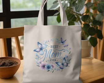 La mejor bolsa de mano floral para mamá, regalo del Día de la Madre, mariposas y flores azules, regalo perfecto para mamá, bolsa espaciosa