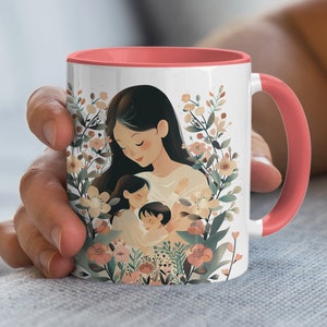 母と子の花の抱擁マグ、お母さんへのプレゼントに最適、花のアートコーヒーマグ、11オンスと15オンスで利用可能