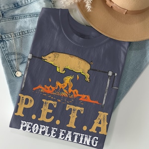 Grappig BBQ-T-shirt, cadeau BBQ-liefhebber, shirt P.E.T.A Tasty Animals, T-shirt gebraden varken cartoon, grafische T-shirt chef grillen, shirt foodie humor