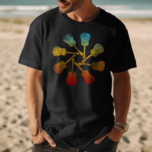 Colorful guitars graphic T-shirt, Music lover tee, Guitar enthusiast gift, Vibrant acoustic guitar shirt, Unique guitar design top