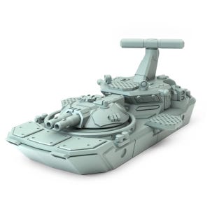 May include: A light gray model of a futuristic warship or tank, featuring a dual-barreled turret, a radar-like structure, and detailed paneling. The design suggests a science fiction or military theme.