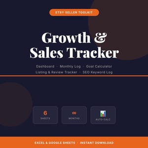 Könnte beinhalten: Ein dunkelblaues digitales Etsy-Verkäufer-Toolkit mit dem Titel Growth & Sales Tracker. Es enthält ein Dashboard, ein monatliches Protokoll, einen Zielrechner, einen Listing- und Bewertungs-Tracker sowie ein SEO-Keyword-Protokoll.