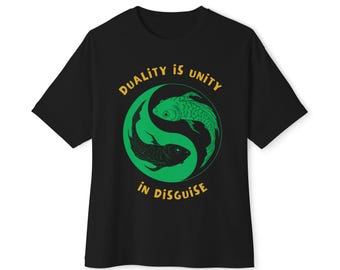 Camiseta extragrande con diseño de pez koi y yang, diseño de unidad espiritual zen, camiseta cuadrada, top de meditación, camiseta estampada