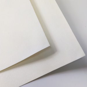 Può includere: Due fogli di carta bianca sporca e strutturata sono sovrapposti ad angolo su uno sfondo bianco. La carta presenta un sottile motivo a coste, creando un senso di profondità e consistenza. L'illuminazione mette in risalto la superficie della carta.