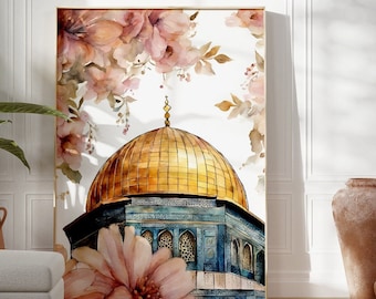 May include: A watercolor painting of a mosque with a golden dome and pink flowers. The mosque is painted in a blue and white color scheme. The flowers are painted in a soft pink and white color scheme.