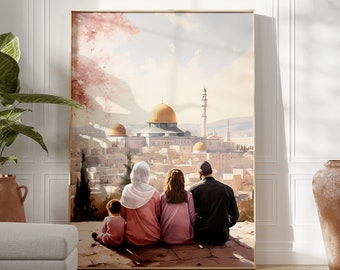 Al-aqsa mosque, Old architecture, Jerusalem, Palestine, Muslim Family, Pink, Boho wall art, Islamic Decor, Modern, Printable, Pastel Poster