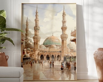 May include: A watercolor painting of a mosque with two minarets and a large dome. The mosque is surrounded by people and a courtyard. The painting is framed in a gold frame and hanging on a white wall.