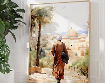 Muslim man, Islamic poster, mosque, minaret, thobe, old architecture, arab city, wall art, Islamic Wall Decor, Boho, Muslim Printable
