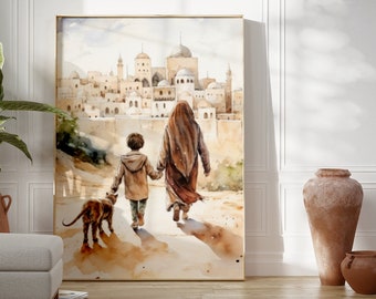 Muslim poster, Family, Oil Painting Poster, Cat, Al-aqsa mosque, Jerusalem, Palestine, Boho wall art, Islamic Decor, Muslim Printable