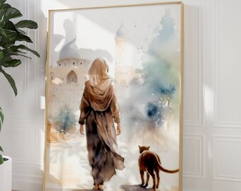 Muslim Woman Portrait, cat poster, Al-aqsa mosque, Jerusalem, Palestine,wall art, Islamic Wall Decor, Modern, Muslim Printable, Oil Painting