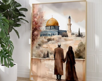 May include: A watercolor painting of a couple standing in front of the Dome of the Rock in Jerusalem. The couple is holding hands and looking out at the city. The painting is done in a soft, muted palette of browns, blues, and greens.