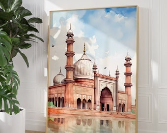 Badshahi mosque poster, Pakistani Architecture, Old Mosque, Pakistan, Islamic Art, Islamic Decor, Muslim Printable, Pastel Watercolour Art
