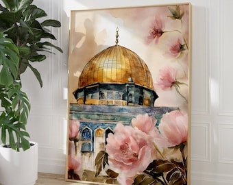 Al-aqsa-moskén, Al Quds, gammal arkitektur, Jerusalem, Palestina, rosa, bohemisk väggkonst, islamisk dekor, modern, muslimsk utskrivbar, affisch