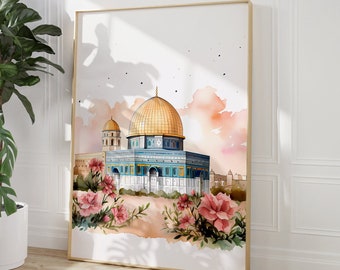 Al-aqsa mosque, Dome of the Rock, Old architecture, Jerusalem, Palestine, Beige, Boho Watercolour art,Islamic Decor, Modern,Muslim Printable