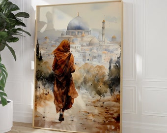 Al-aqsa mosque, Muslim Woman, Old city, Jerusalem, Palestine, Pastel Oil Painting, Soft art, Islamic Decor, Modern, Printable, Poster