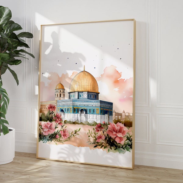 Al-aqsa mosque, Dome of the Rock, Old architecture, Jerusalem, Palestine, Beige, Boho Watercolour art,Islamic Decor, Modern,Muslim Printable