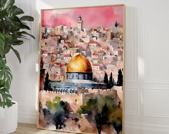 Al-aqsa mosque, Dome of the rock, Old architecture, Jerusalem, Palestine, Pink Watercolour wall art, Islamic Decor, Modern, Muslim Printable