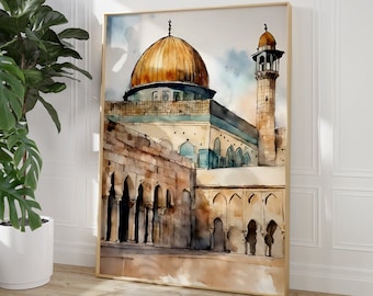 May include: Watercolor painting of a building with a golden dome and a tall minaret. The artwork features a beige and brown color palette, with arched doorways and columns. The framed art is displayed against a white wall.