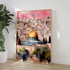 Al-aqsa mosque, Dome of the rock, Old architecture, Jerusalem, Palestine, Pink Watercolour wall art, Islamic Decor, Modern, Muslim Printable