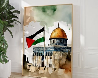 Dome of the Rock, Al-Aqsa Mosque, Palestine Flag, Old Architecture, Jerusalem, Watercolour Pastel, Wall Art, Islamic Decor, Muslim Printable