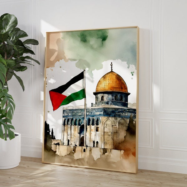 Dome of the Rock, Al-Aqsa Mosque, Palestine Flag, Old Architecture, Jerusalem, Watercolour Pastel, Wall Art, Islamic Decor, Muslim Printable