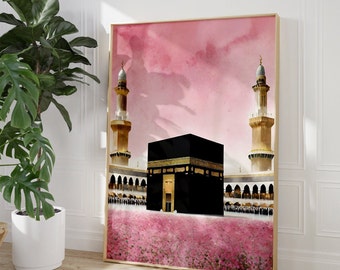 Mecka, Kaba-arkitektur, Al Haram-moskén, masjid, Saudiarabien, muslimsk pilgrim, minaret, rosa blommig boho, muslimsk utskrivbar, islamisk affisch