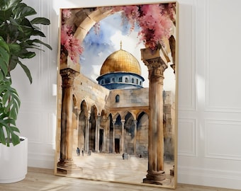 Al-Aqsa-moskén, Klippdomen, Gammal arkitektur, Jerusalem, Palestina, Blommor, Rosa väggkonst, Islamisk dekor, Muslimsk utskrivbar